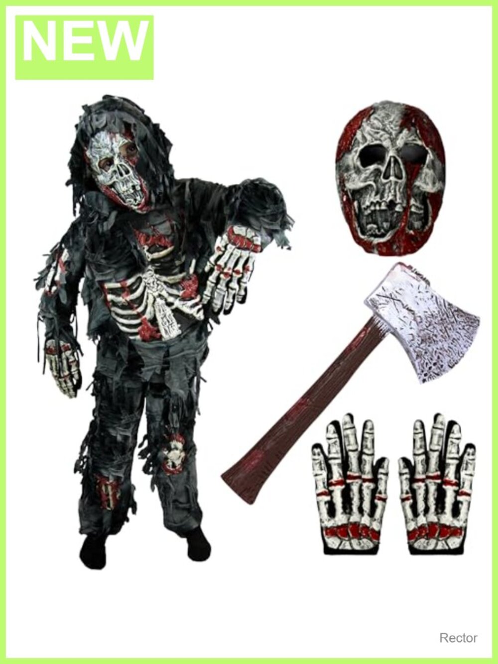 Kids Zombie Costume 5-Piece Set Skeleton Hooded Shirt Pants Mask Gloves Axe